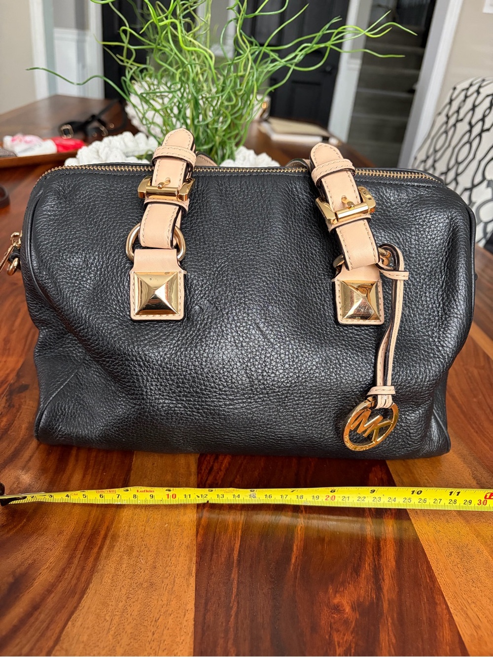 Michael Kors Greyson black  Pebbled Satchel with Beige Straps and Gold Hardware